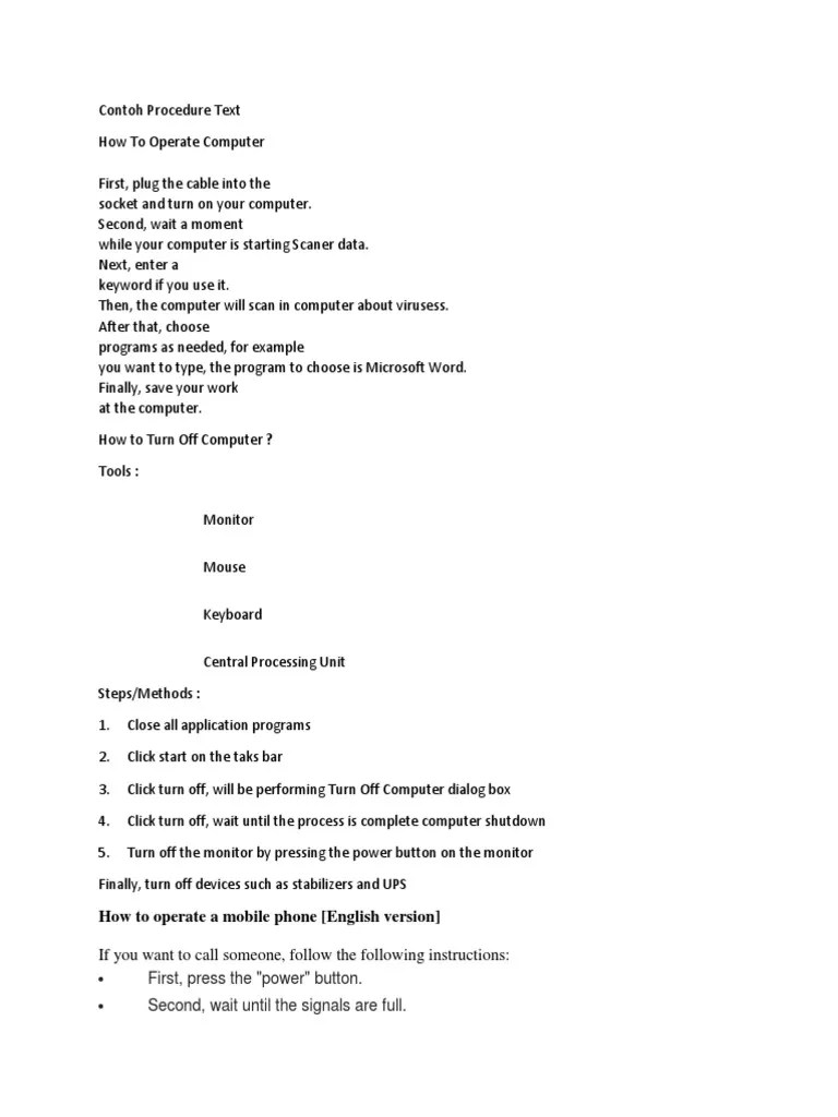 Berikut beberapa contoh soal latihan procedure text dan manual. How To Operate Computer Procedure Text Belajar