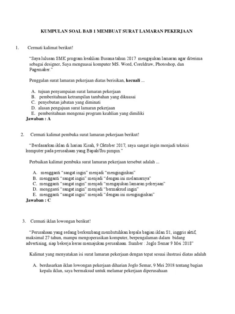 Kalimat pembuka surat lamaran kerja yang paling tepat berkaitan dengan iklan di atas adalah …. Kumpulan Soal Bahasa Indonesia Kelas 12 Pdf