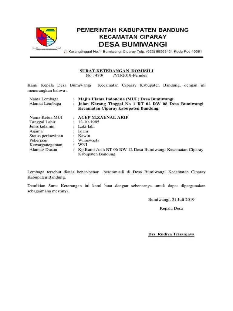 Kepala desa mukapayung kecamatan cililin kabupaten bandung barat . Surat Keterangan Domisili Pdf