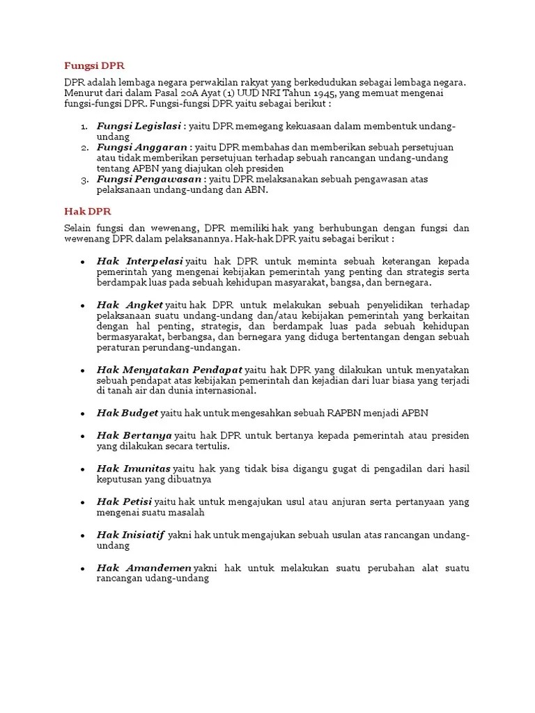 Tugas Dan Fungsi Dpr Brainly