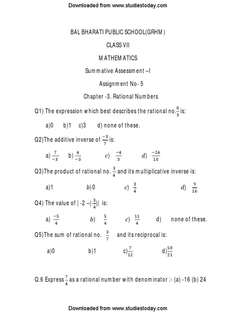 Rational numbers problems, practice, tests, worksheets, questions, quizzes, teacher assignments | class 7 | ncert (cbse and icse) Cbse Class 7 Maths Worksheet Pdf Rational Number Fraction Mathematics
