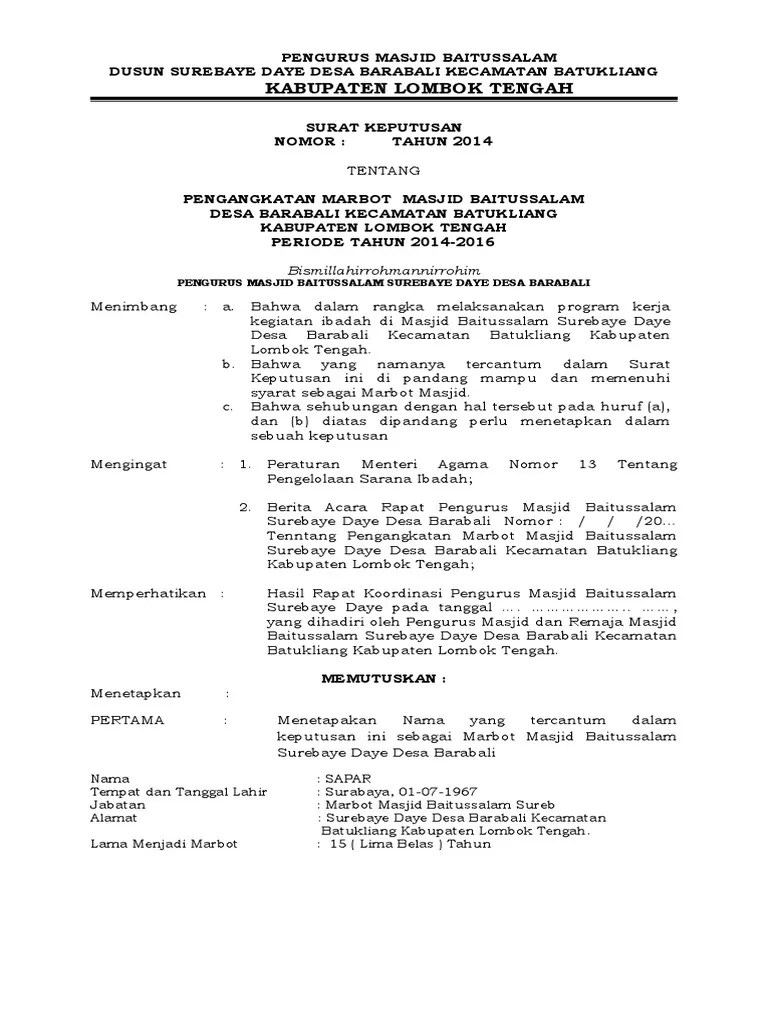 Sk imam masjid dari kepala desa; Sk Marbot Pdf