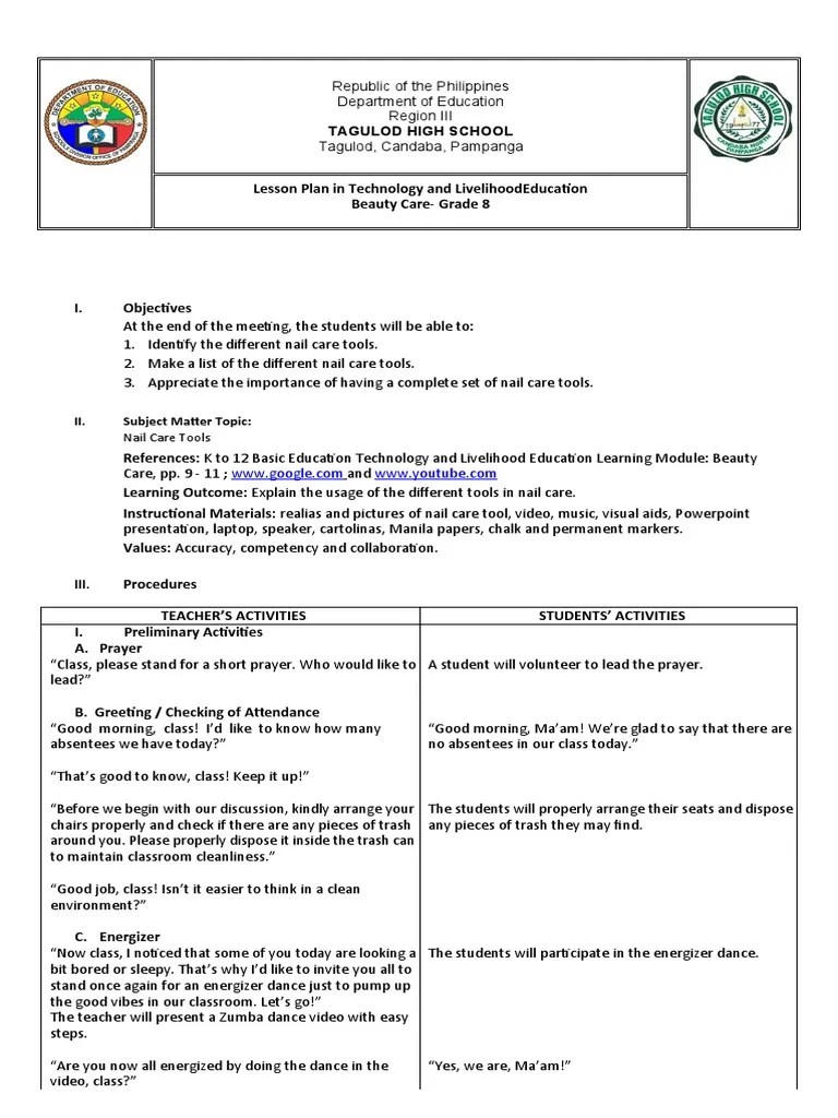 detailed lesson plan in nail care lowersfromtoday
