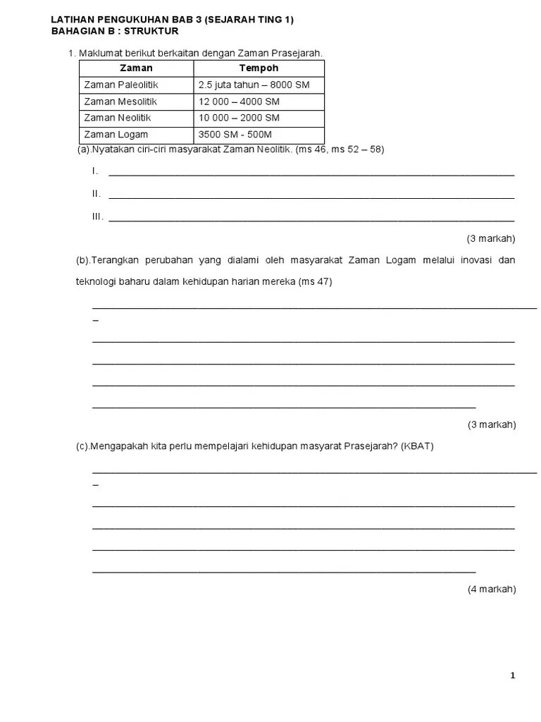 Pada zaman bilakah peralatan batu . Latihan Sejarah Pdf