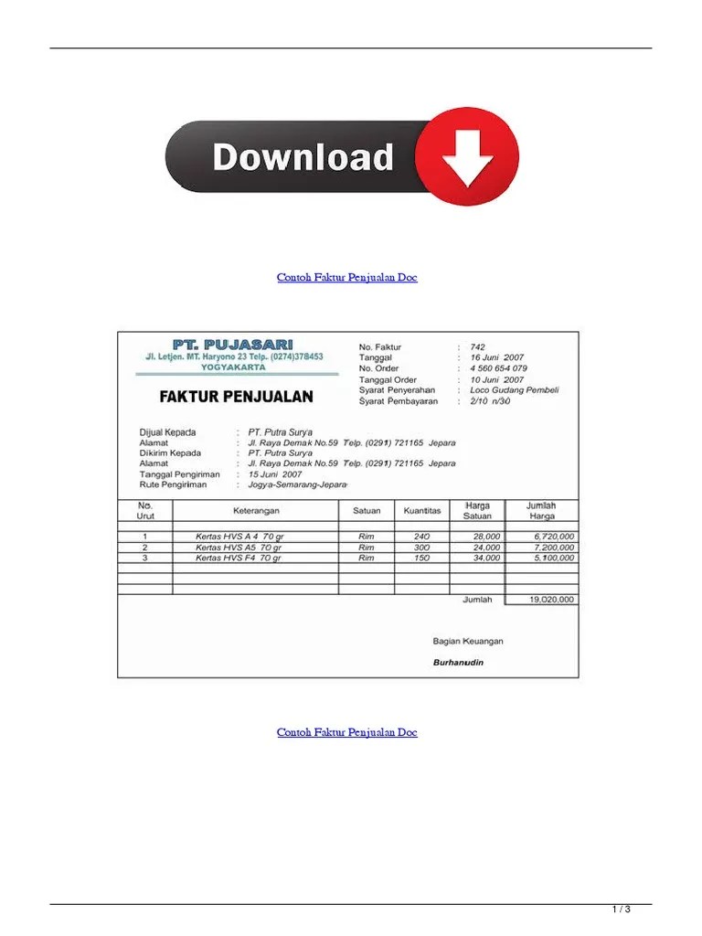 Dalam proses jual beli, dibutuhkan yang namanya nota atau faktur . Contoh Faktur Penjualan Pdf
