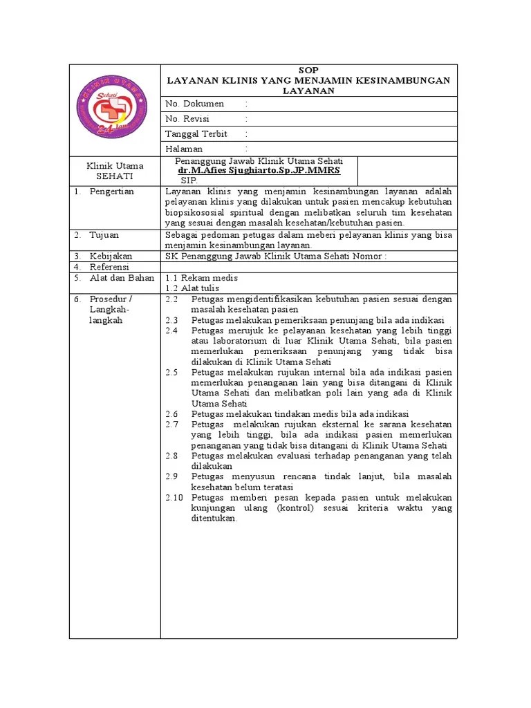 Sop Layanan Klinis Yang Menjamin Kesinambungan Layanan Benar | PDF