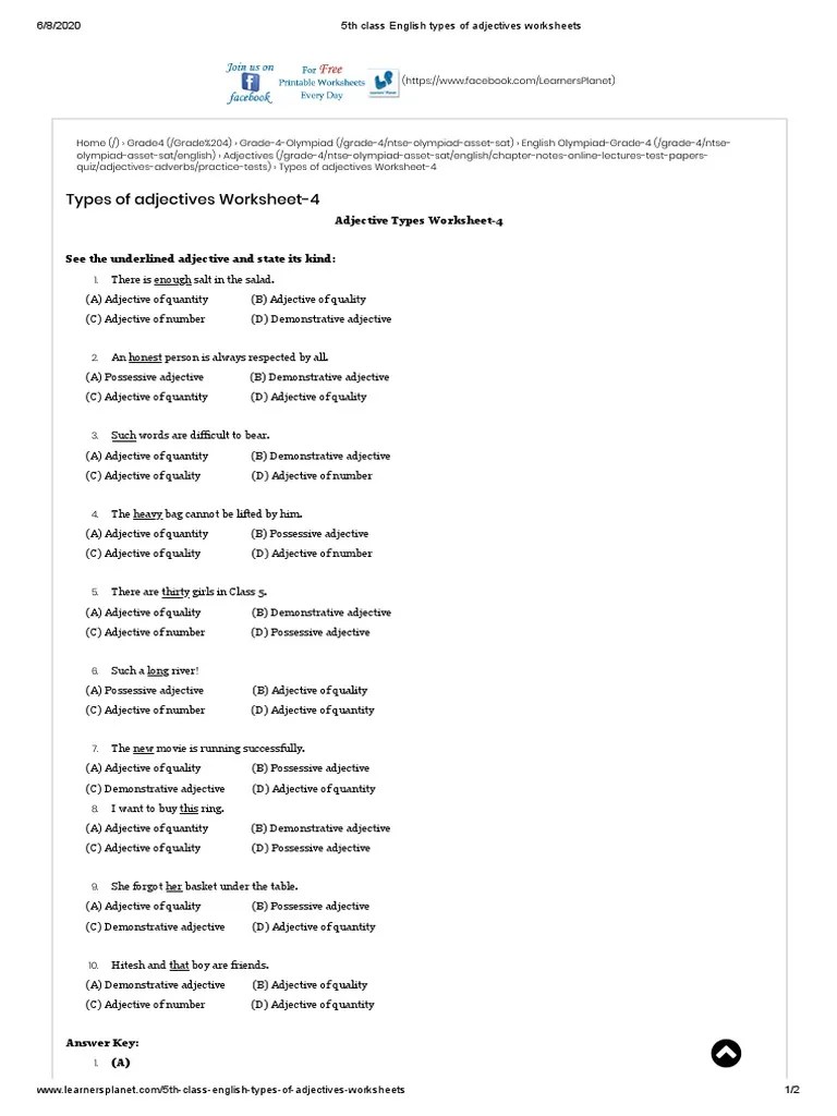 5th class english types of adjectives worksheets pdf adjective language mechanics