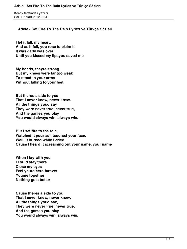 Adele Set Fire To The Rain Lyrics Sarki Sozu Turkce Ceviri | PDF | Adele |  Songs Written