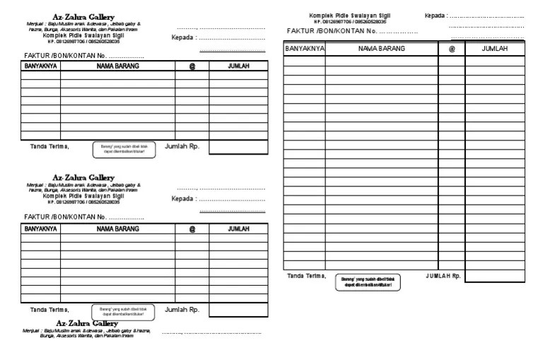 Contoh nota penjualan toko baju; Nota Toko Baju 3x1 Pdf