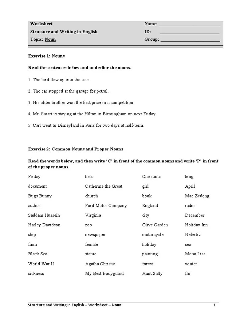 worksheet noun