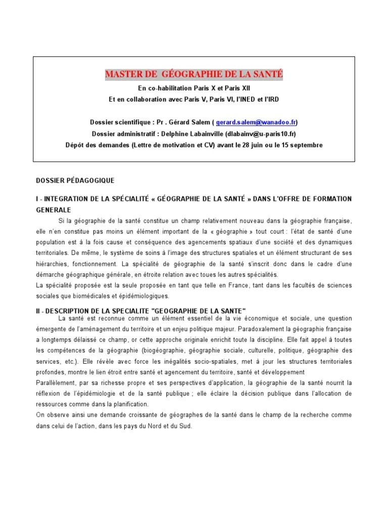 Télécharger cet exemple de lettre type : Master Geographie De La Sante Doctorat Geographie