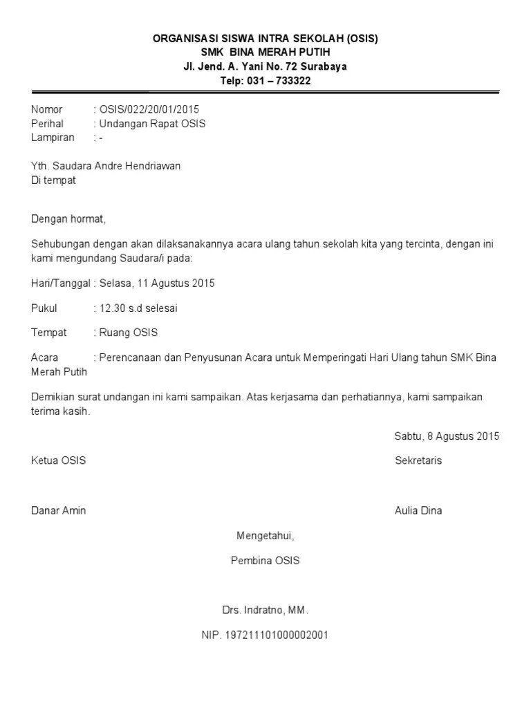 37 contoh surat undangan osis perusahaan sekolah rt dan. Contoh Surat Undangan Rapat Osis