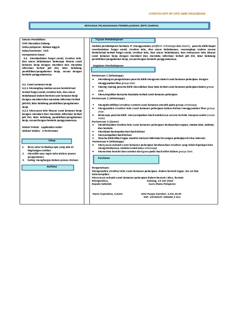 13.10.2021 · siapkan seluruh berkas yang disyaratkan, seperti surat lamaran pekerjaan, biodata diri, dan juga portofolio pekerjaanmu sebelumnya (jika ada)! Contoh Rpp Bahasa Inggris Pdf