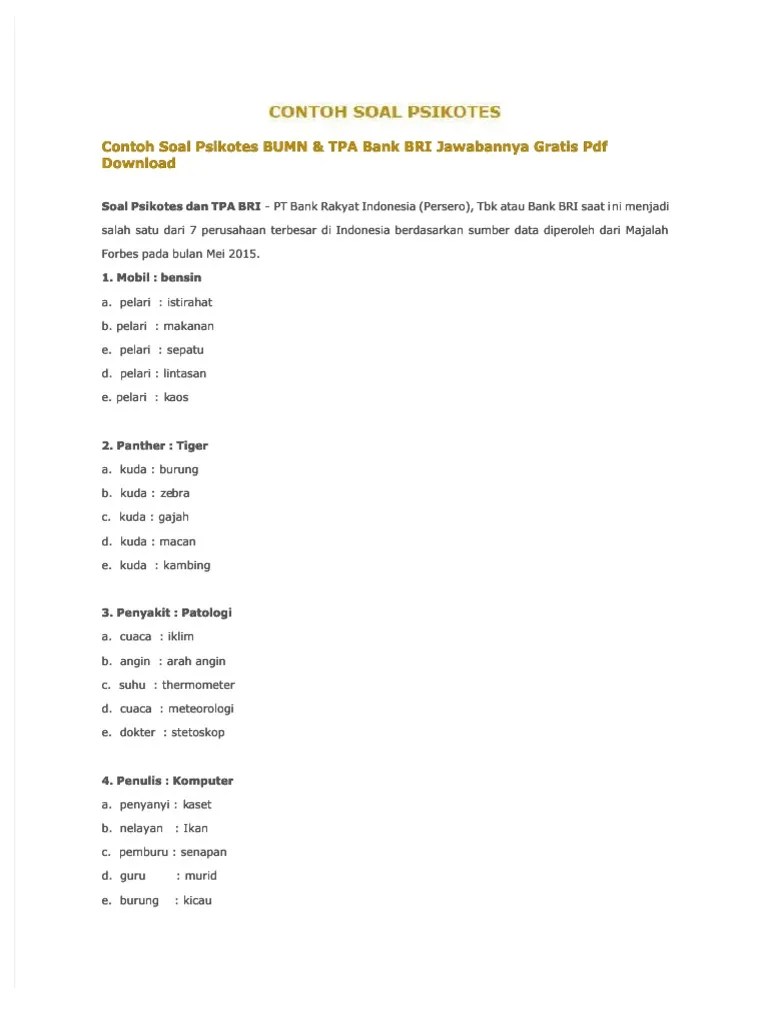 Matematika dan psikotes, menggunakan sistem ujian masuk berbasis komputer. Pdf Contoh Soal Psikotes Bumn Amp Tpa Bank Bri Jawabannya Gratis Pdf Download