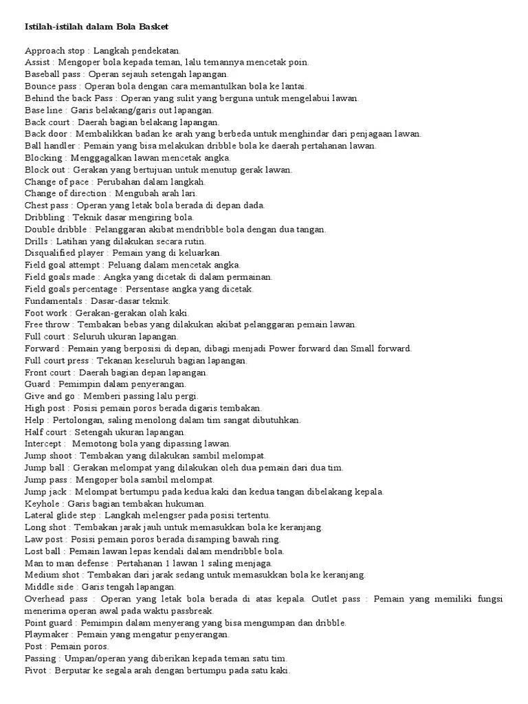 Istilah-Istilah Dalam Bola Basket, Bola Voli, Sepak Bola, Dan Senam Lantai  | PDF
