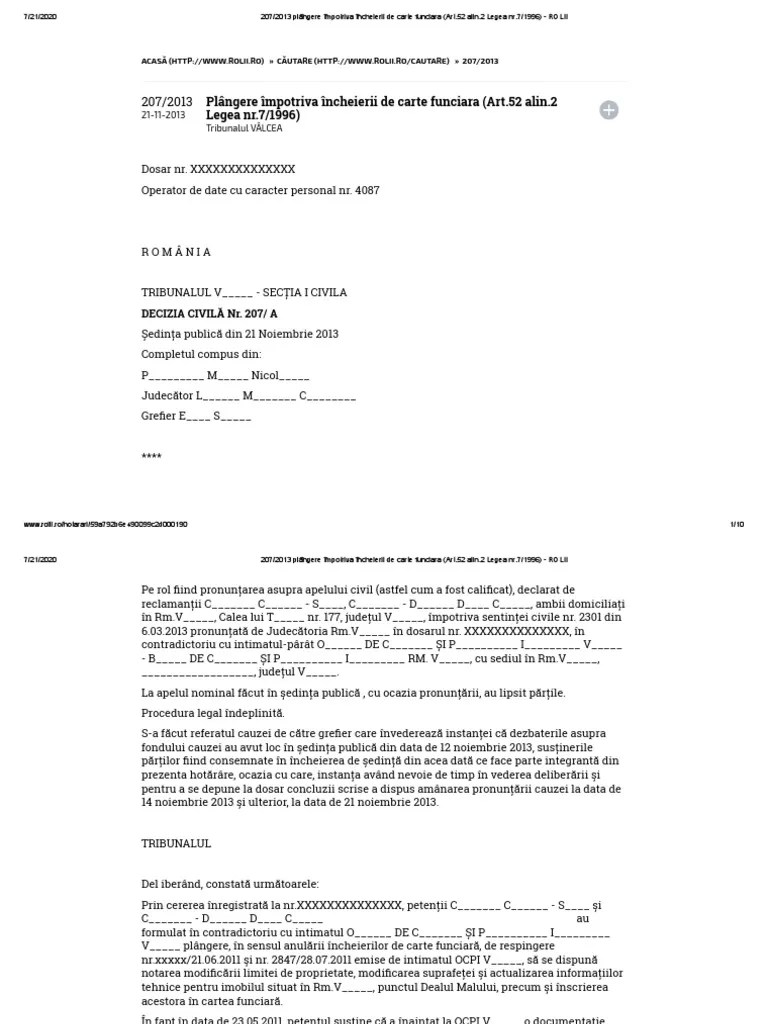 823 din 9 decembrie 2010. 207 2013 Plangere Impotriva Incheierii De Carte Funciara Art 52 Alin 2 Legea Nr 7 1996 Rolii Pdf