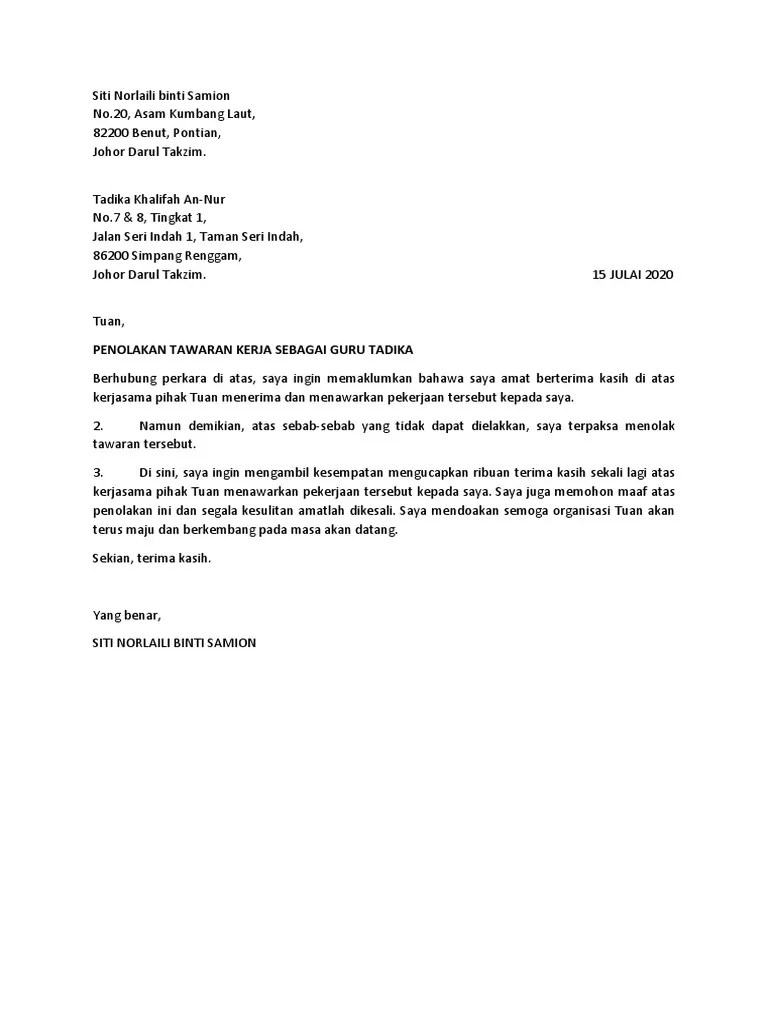 Contoh Surat Rasmi Tolak Tawaran Kerja - Surat Penolakan Tawaran Pdf