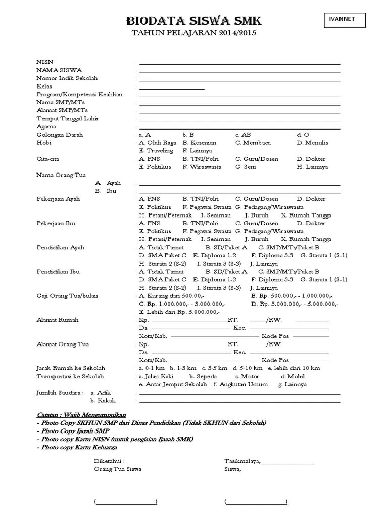 Contoh Biodata Siswa SMK | PDF