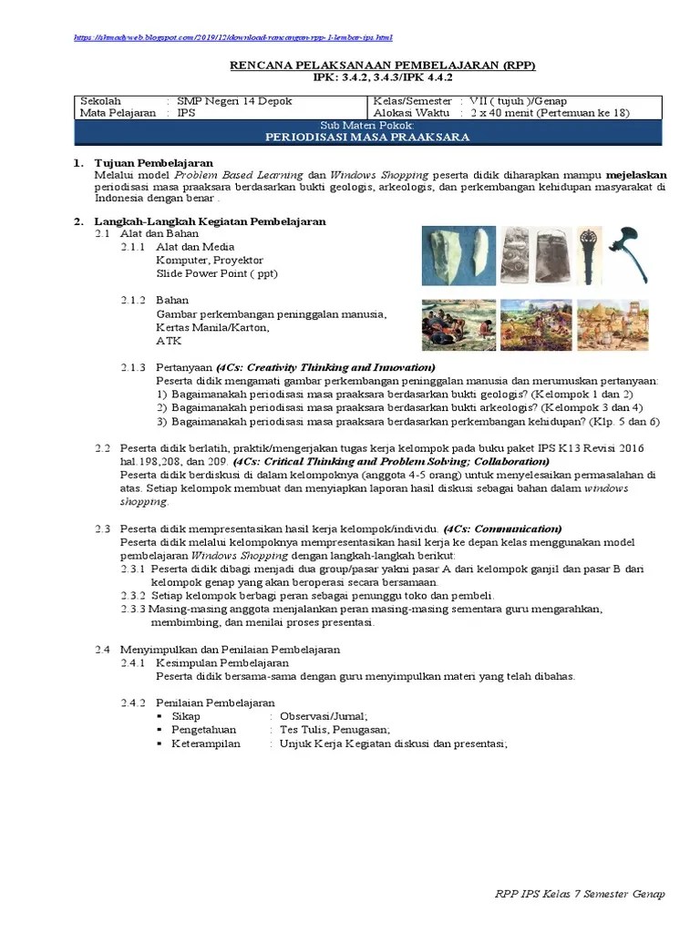 Buku siswa ips kelas vii smp kurikulum 2013. Rpp Ips Vii 2 Pertemuan Xviii Periodisasi Masa Praaksara Pdf