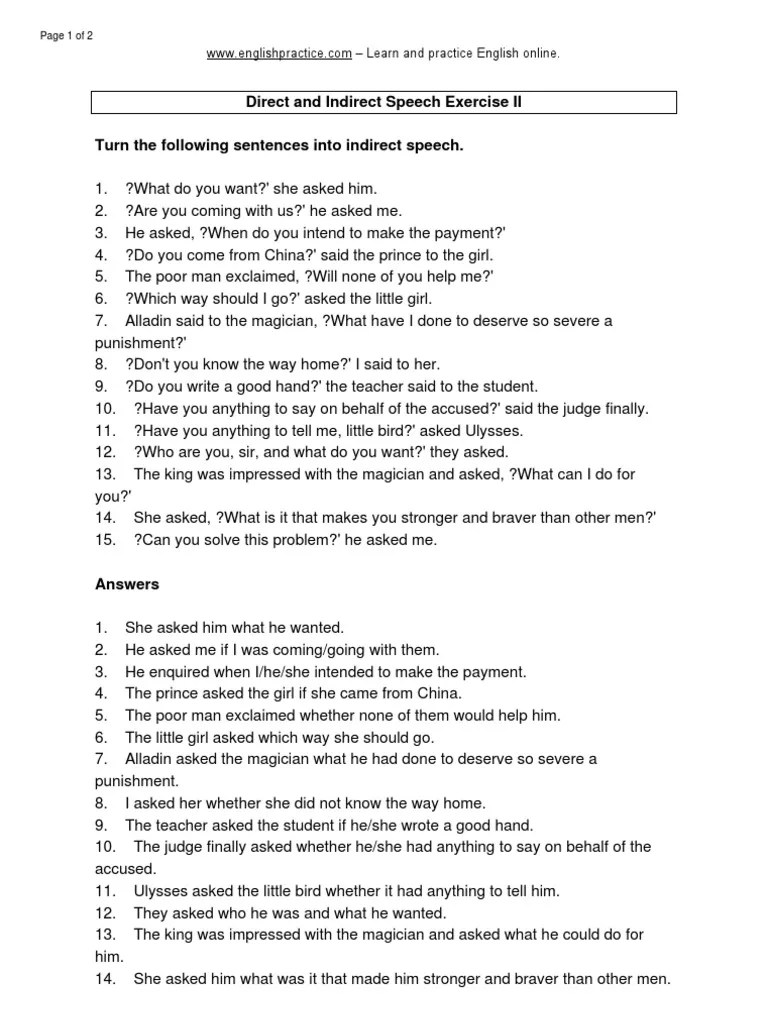 direct indirect speech exercise ii violence