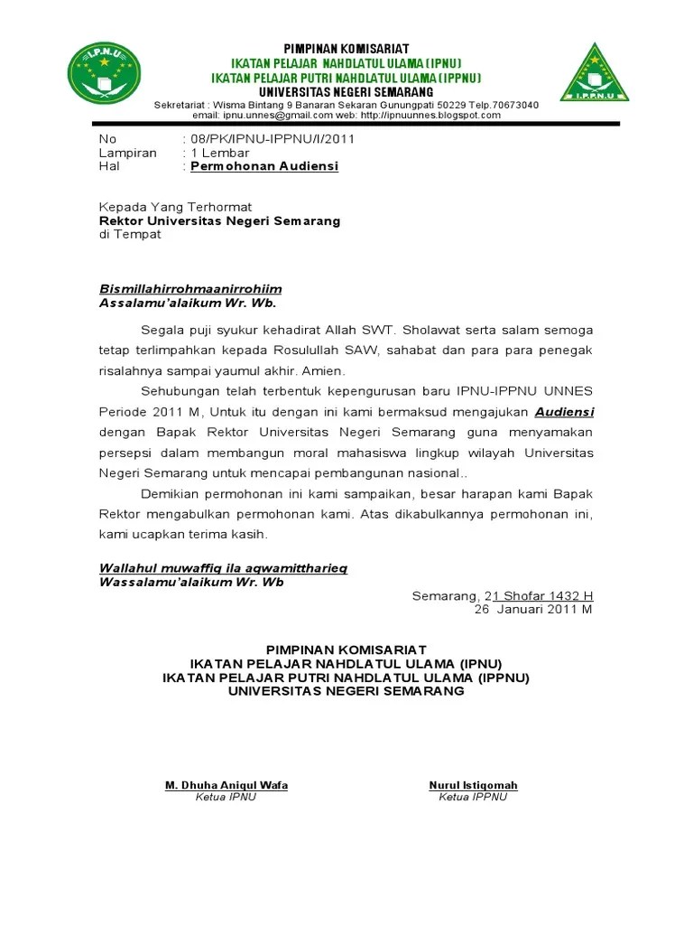 Dengan hormat, saya yang bertanda tangan di . SURAT AUDIENSI REKTOR UNNES