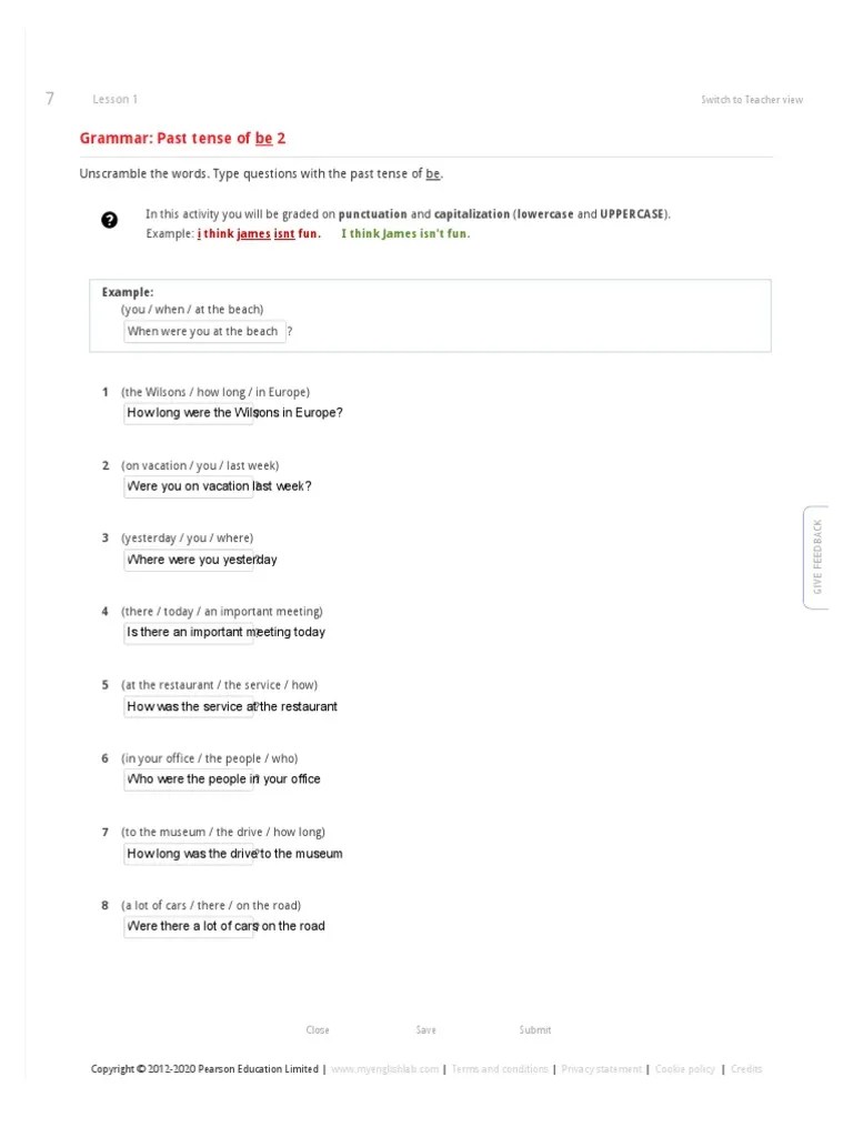 IntBOnVactionGrammar Past Tense of Be 2 - Mode Solve - Unit 7 Lesson 1 -  Top Notch Level 1 3rd Edition - MyEnglishLab PDF | PDF