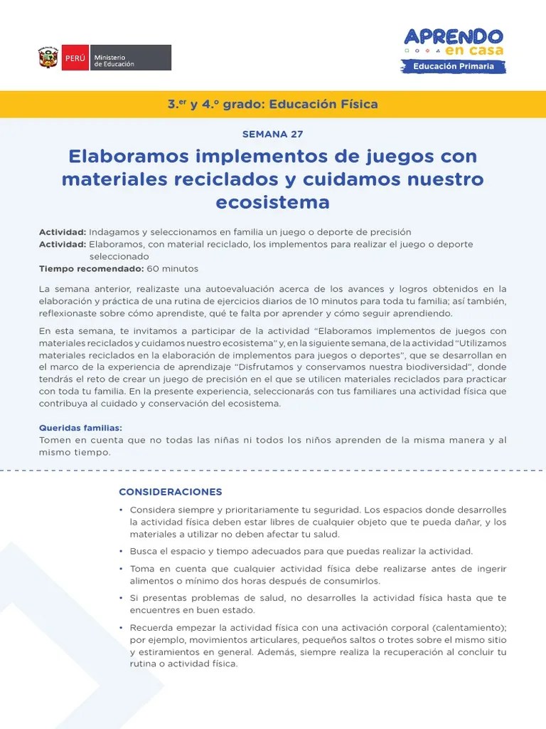 En esta semana, modificarás algunas reglas o normas del juego o deporte y, utilizando los implementos elaborados con materiales reciclados, . Arte Jueves Pdf Deportes Educacion Primaria