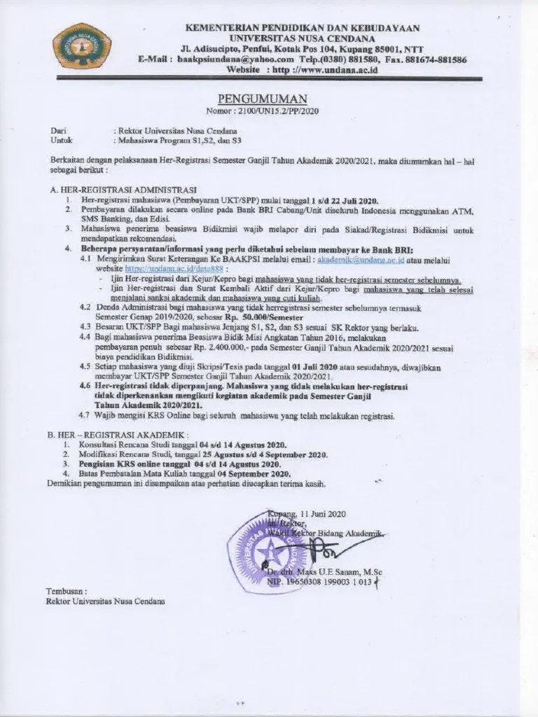 Pengumuman Registrasi 20201 MHS LAMA PEN | PDF