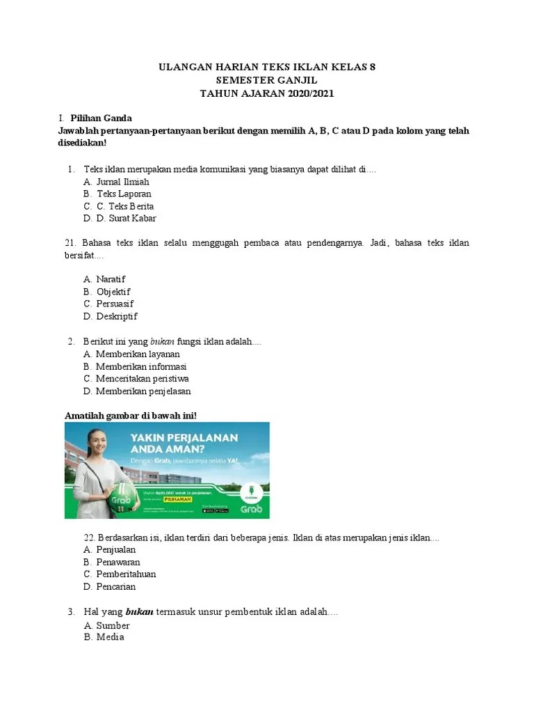 11/11/2020 · teks iklan merupakan media komunikasi yang biasanya dapat dilihat di surat kabar. Ulangan Harian Teks Iklan Kelas 8 Pdf