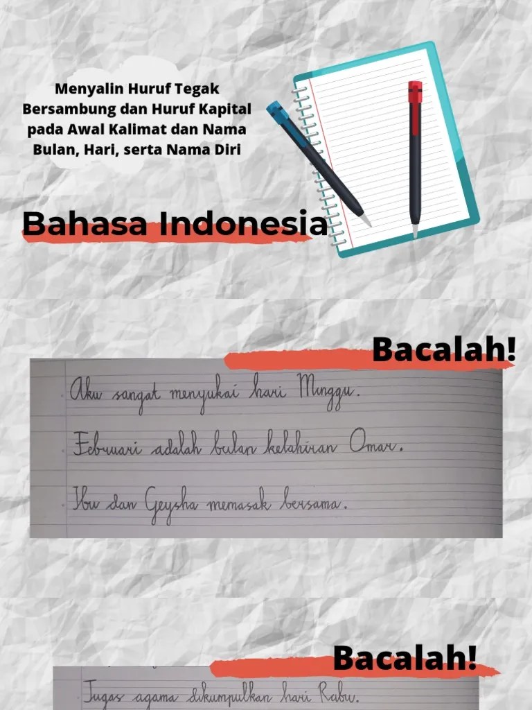 Menyalin Huruf Tegak Bersambung Dan Huruf Kapital Pada Awal Kalimat Dan  Nama Bulan, Hari, Serta Nama Diri | PDF