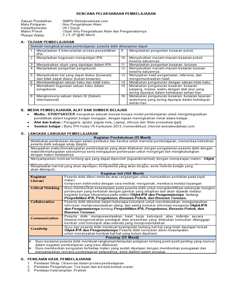 Rpp dibuat secara sederhana 2. Rpp 1 Lembar Ipa Kelas 7 Pdf