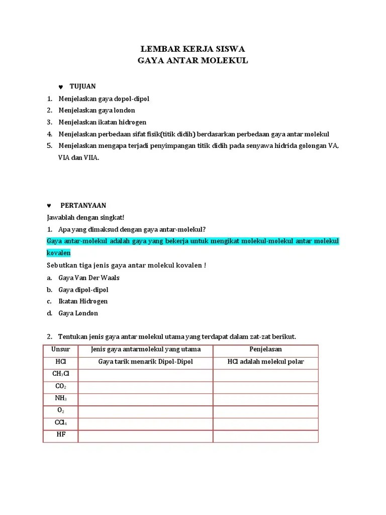 Lembar Kerja Siswa Gaya Antar Molekul