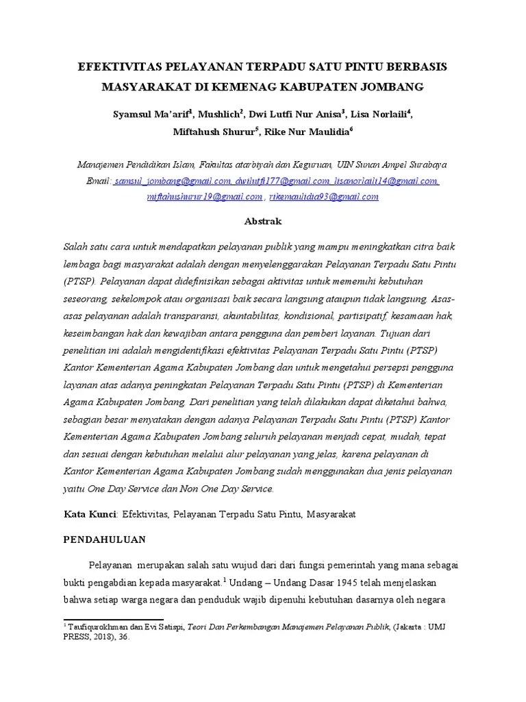 Journal Ilmiah - Efektivitas Pelayanan Terpadu Satu Pintu Berbasis  Masyarakat Di Kementerian Agama Kabupaten Jombang | PDF