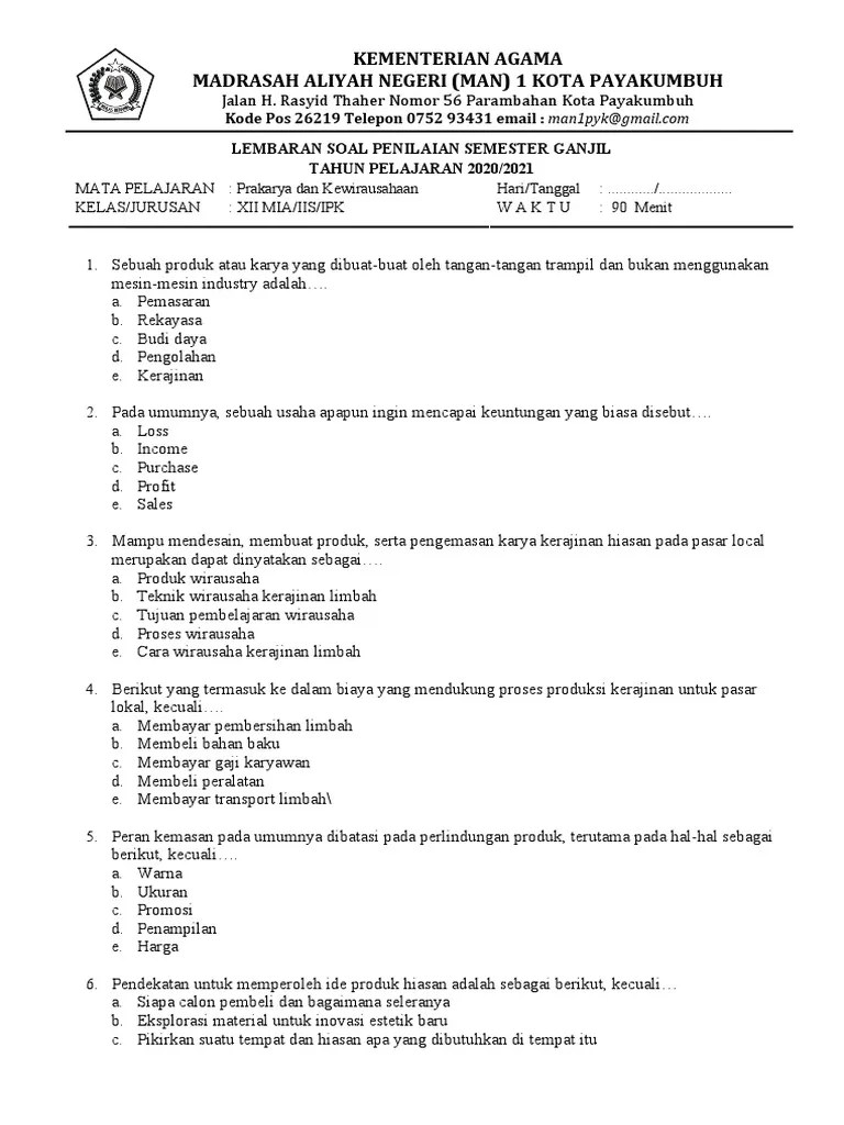 Soal Pas Prakarya Dan Kewirausahaan Kelas 12 | PDF