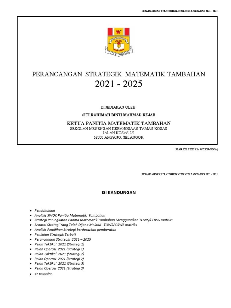 Dokumen pelaksanaan kerja projek matematik tambahan (kpmt) 2014. Perancangan Strategik Add Math Siti Rohimah 2021 2025 Pdf