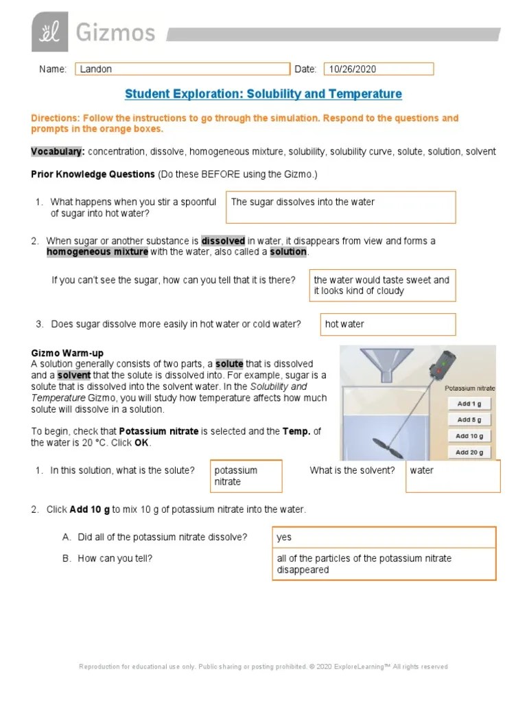 Gizmo answers solubility and temperature the temperature dependence of solubility can be visualized with the help of a solubility curve , a graph of the solubility vs. Landon Parker Copy Of Solubilitytemperaturese Docx Solution Solubility