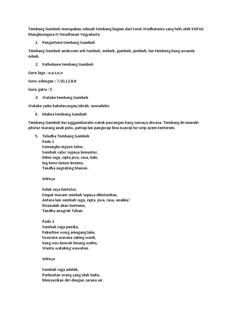 Tembang ini untuk menggambarkan seseorang dikala . Pengertian Tembang Gambuh