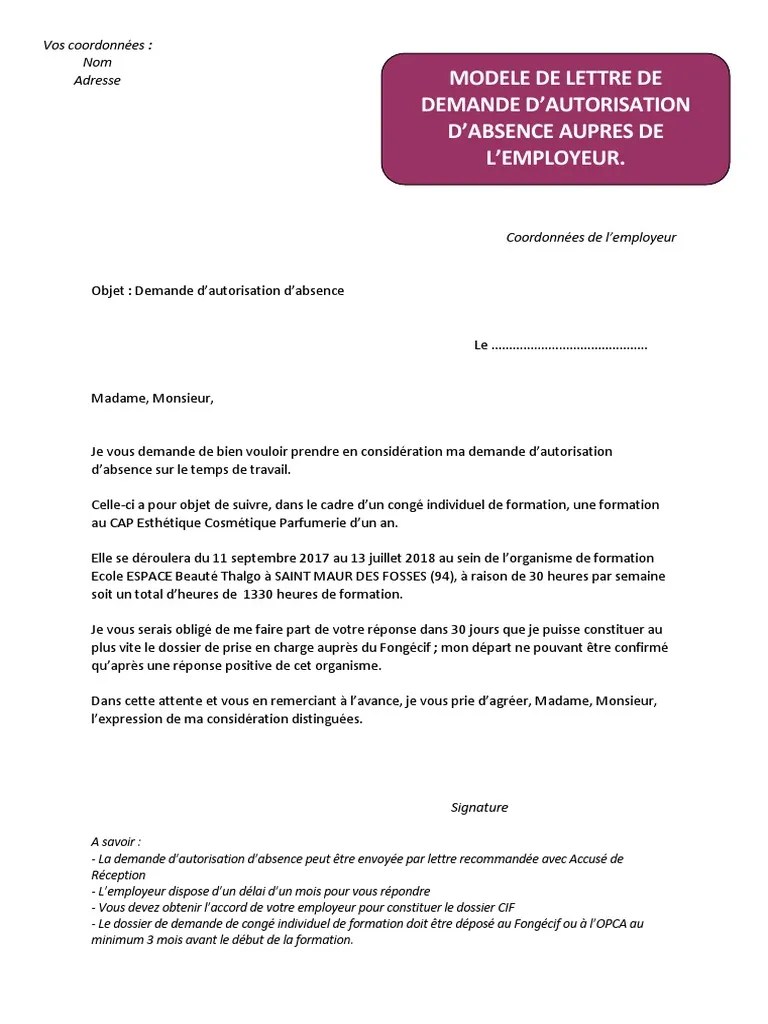 La lettre motivant la mission ou le recrutement du salarié et détaillant . Lettre Autorisation Absence 2017 Pdf Pdf