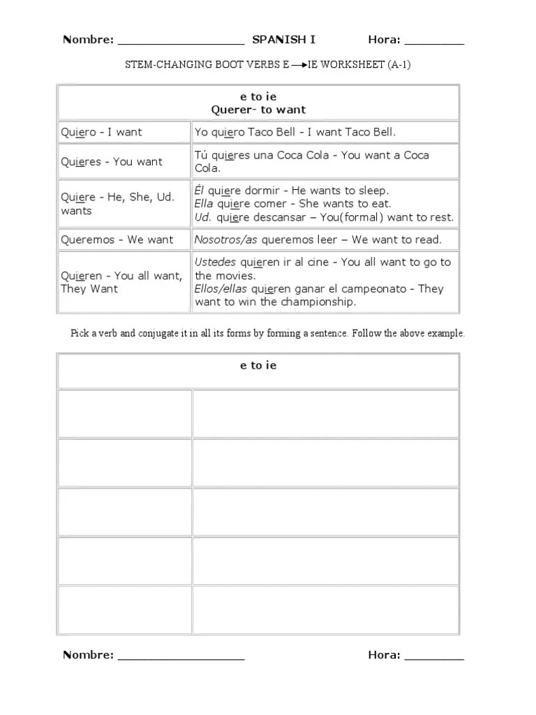 stem changing verbs e ie o ue worksheet