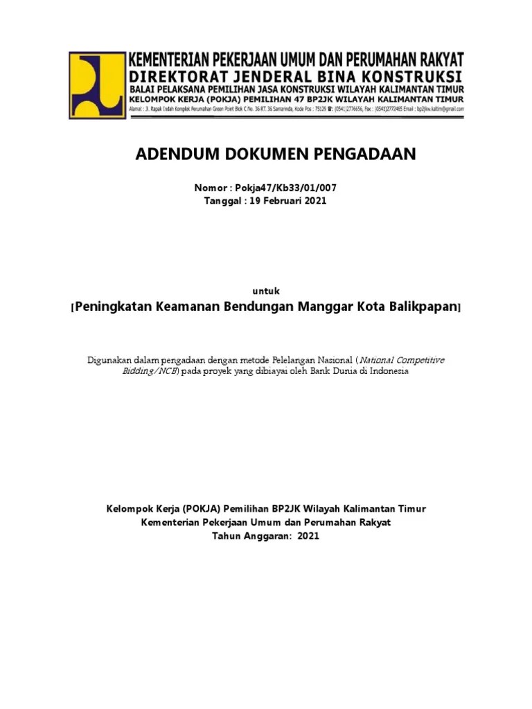 Adendum Dokumen Pengadaan Peningkatan Keamanan Bendungan Manggar  (Harmonized NCB BD For Procurement of Works) | PDF