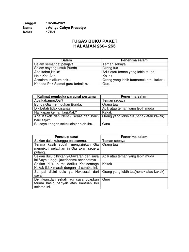 Tugas Buku Paket Halaman 260-263 | PDF
