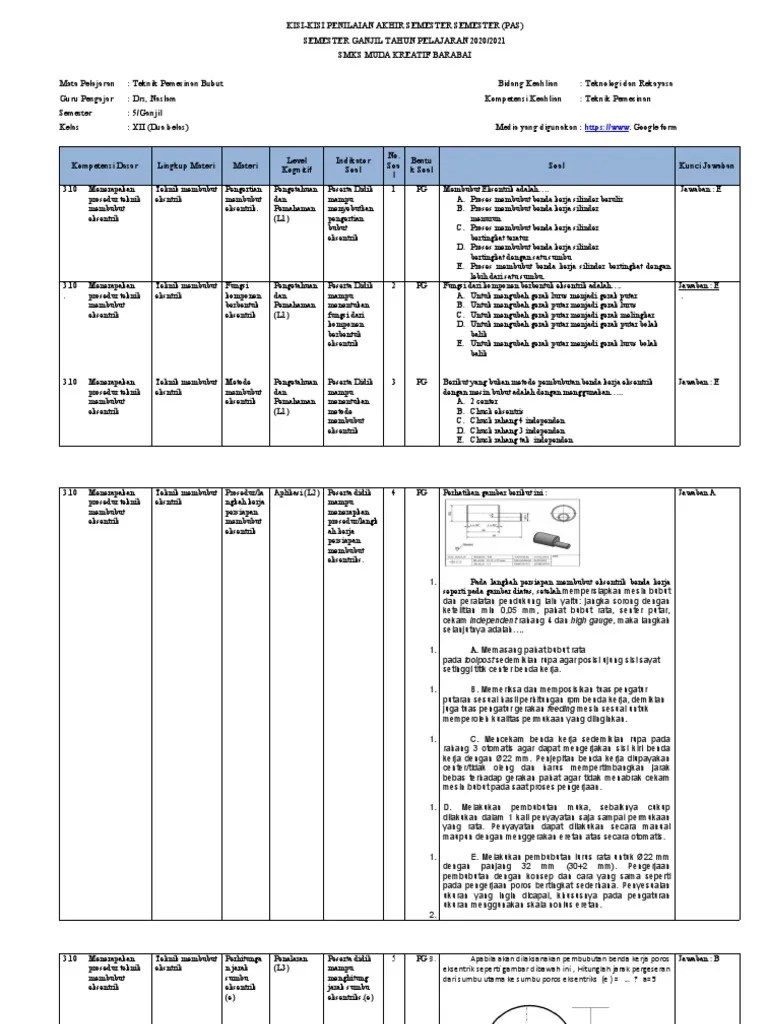 Kisi - Kisi PAS Ganjil Teknik Bubut XII TP | PDF