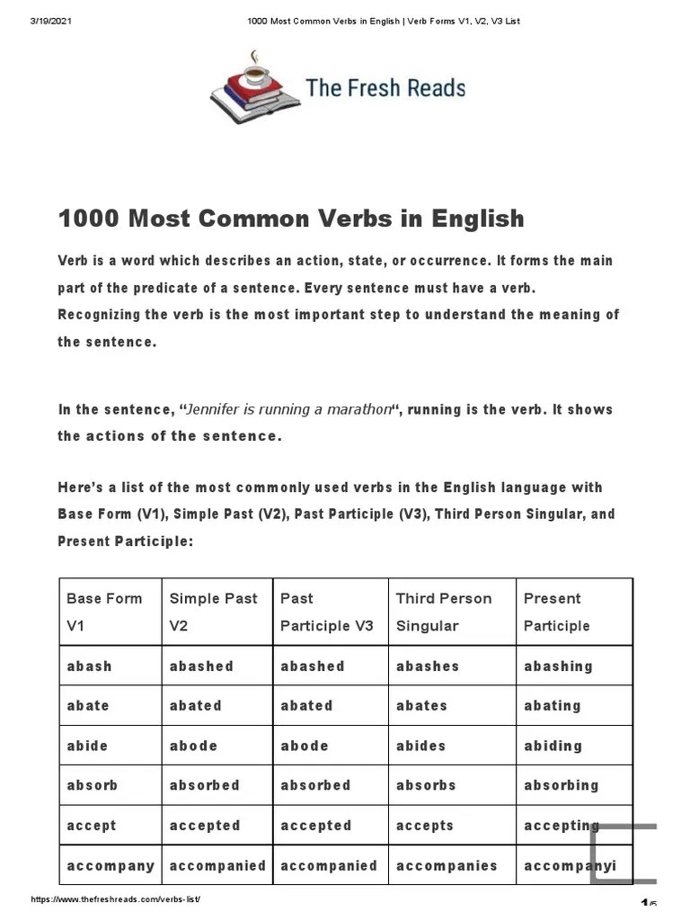 Different verb forms | know about the verb forms v1, v2, v3, v4, v5. 1000 Most Common Verbs In English Verb Forms V1 V2 V3 List Pdf Verb English Language