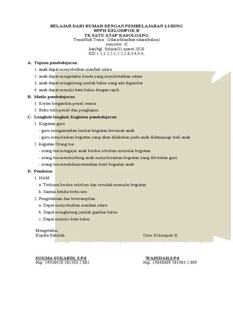 Rkh tk b kurikulum 2013 rkh tk b tema lingkungan rkh tk b . Contoh Rpph Bdr Pdf