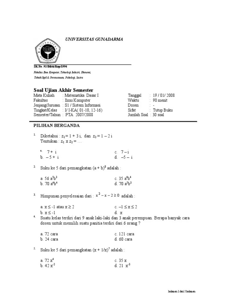 Soal ujian utama pengantar ekonomi 2 gunadarma helmi kediris . Conto Soal Uas Matdas 1b Pdf