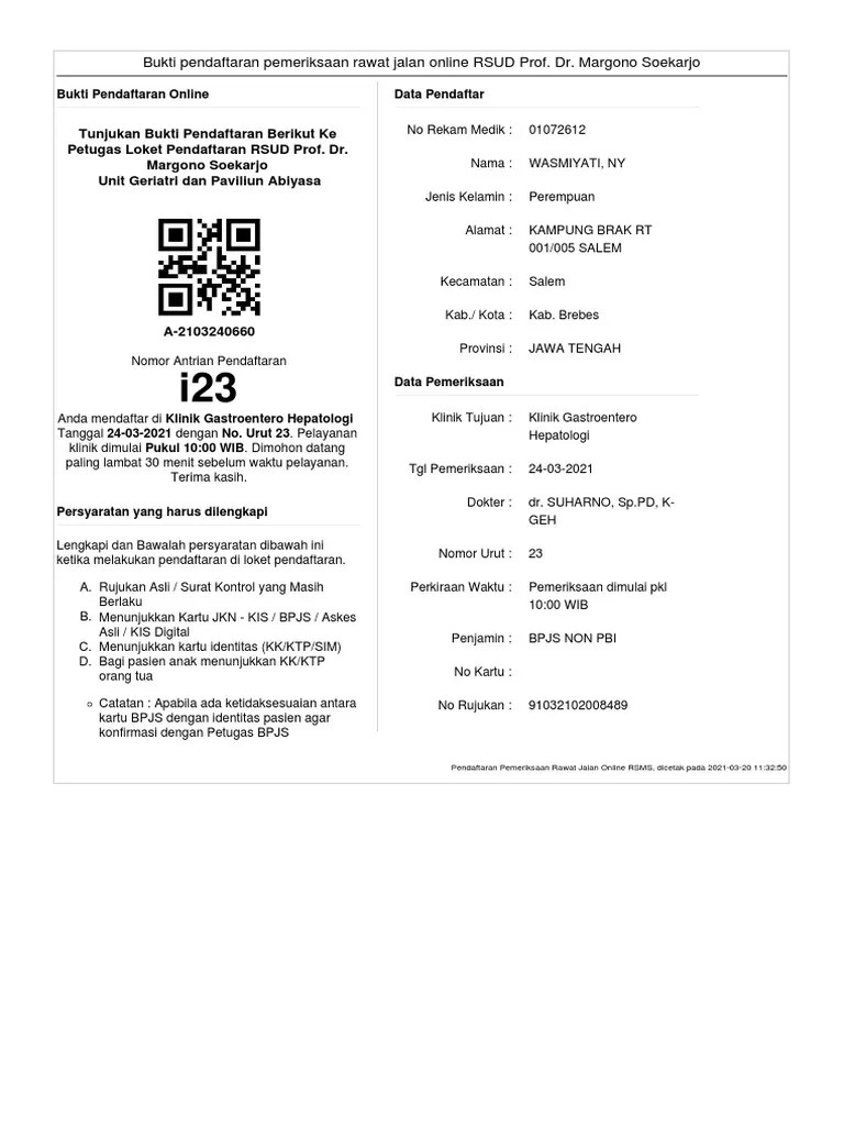 Ks tubun no.2, kota tegal telp. Bukti Pendaftaran Pemeriksaan Rawat Jalan Online Rsud Prof Dr Margono Soekarjo Pdf