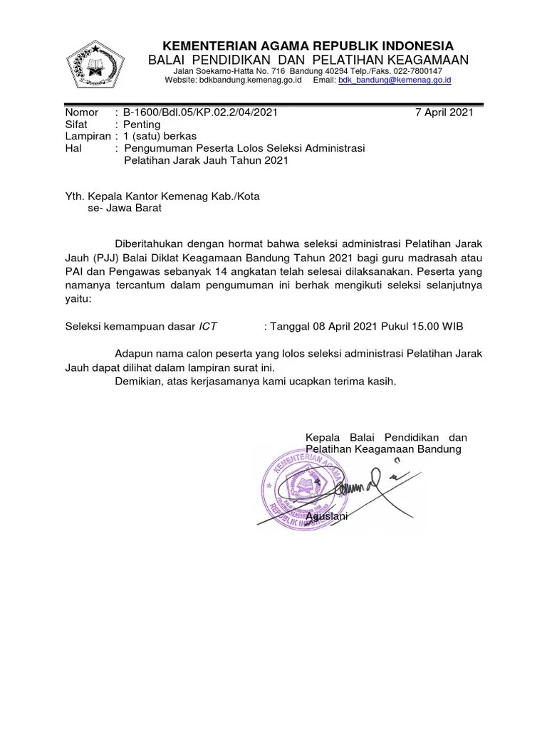 Pengumuman Lolos Seleksi Adm PJJ 2021 | PDF