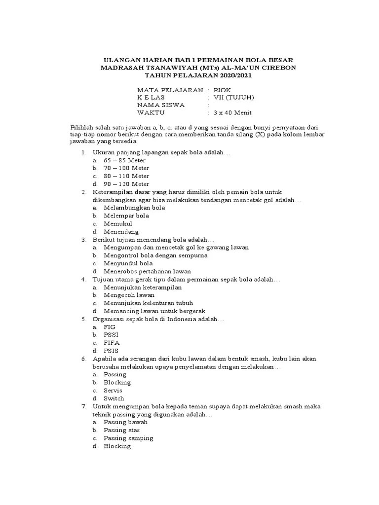 Dalam permainan bulu tangkis berapa selisih angka untuk kemenangan. 01 Soal Ulangan Pjok Kelas Vii Pdf