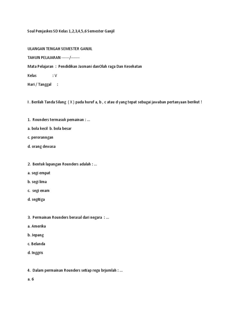 Soal Penjaskes SD Kelas 1 | PDF