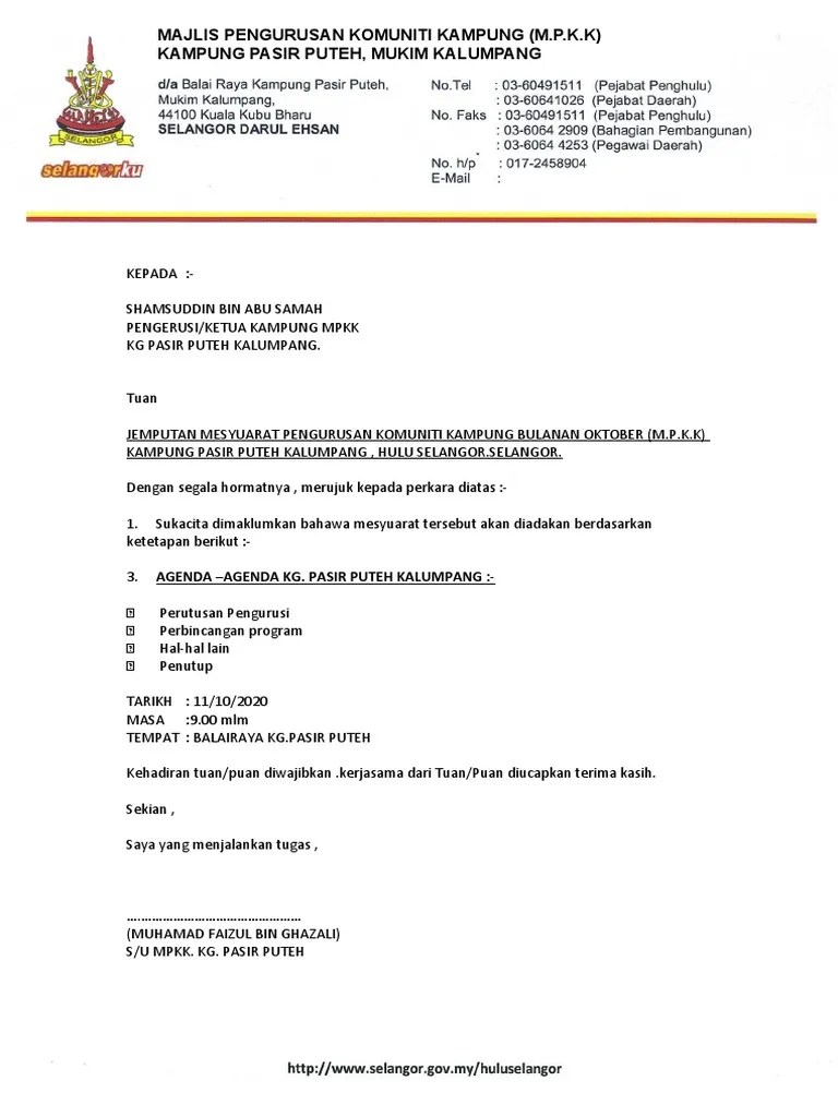 Contoh surat panggilan mesyuarat jkkk contoh surat. Surat Jemputan Mesyuarat Mpkk Kg Pasir Puteh Oktober Pdf